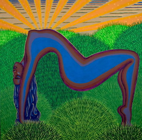 A painting of a strong black woman doing a yoga pose outdoors in the nude